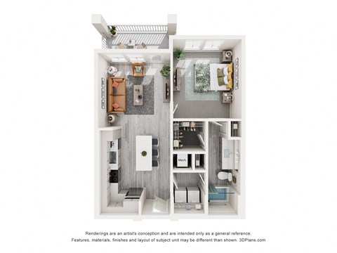 Floor plan for 1 bed, 1 bath, 729 sqft